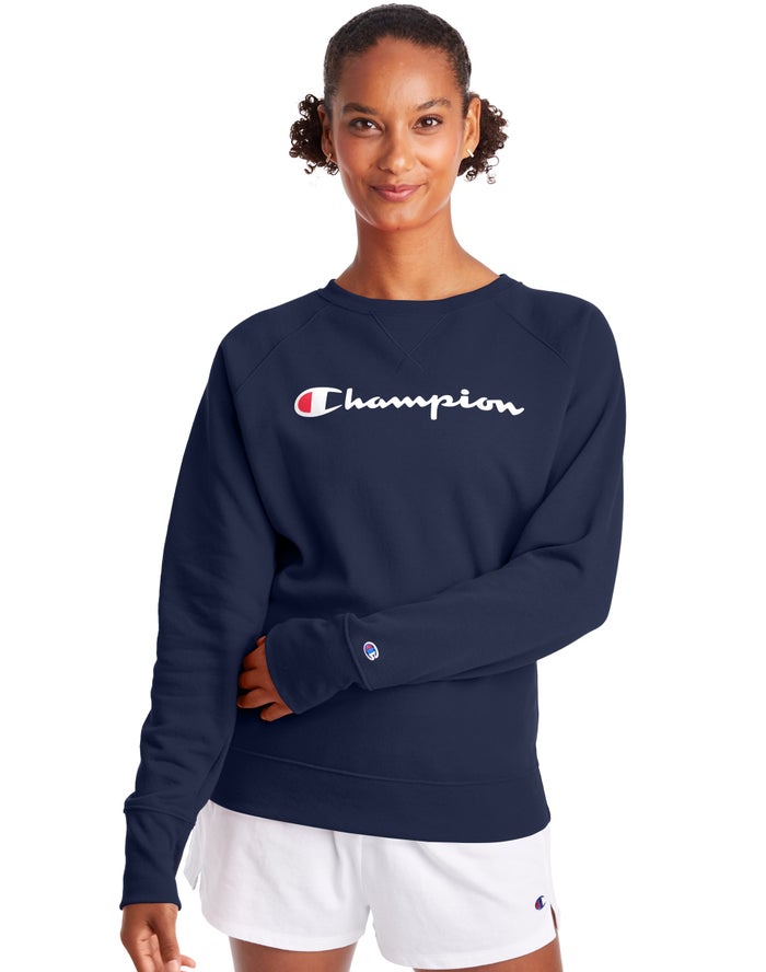 Champion Powerblend Fleece Classic Crew Script Logo - Naisten Laivastonsininen Collegepaita - Suomi